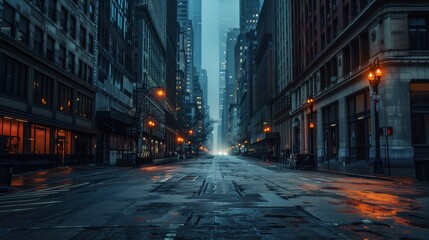 A city street at night with a few lights on. The street is empty and the buildings are tall