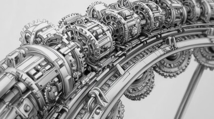 Detailed pencil sketch of a roller coaster's chain mechanism highlighting intricate gears and tracks in motion