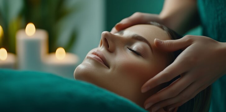 Close-up of a Caucasian woman receiving a relaxing facial massage at a spa, with candles and teal linens enhancing the serene atmosphere. Spa wellness concept