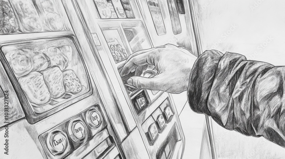 Aufkleber A user's hand selects food from a high-tech vending machine with a touch-sensitive interface in a modern setting