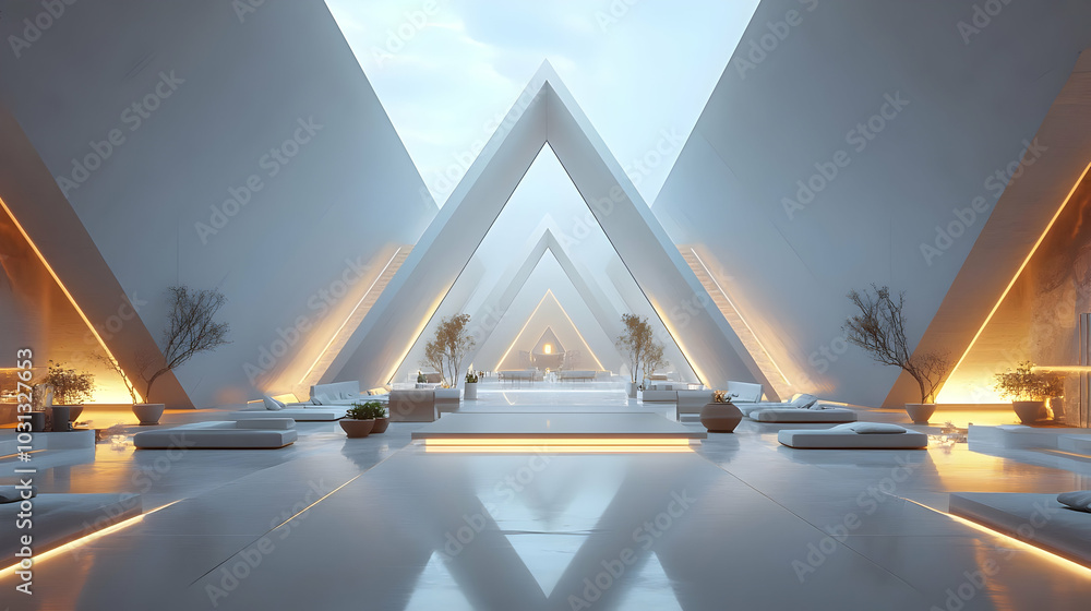 Poster modern architectural space with triangular design and serene ambiance.