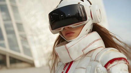 Futuristic figure in a sleek white suit and VR headset outdoors.