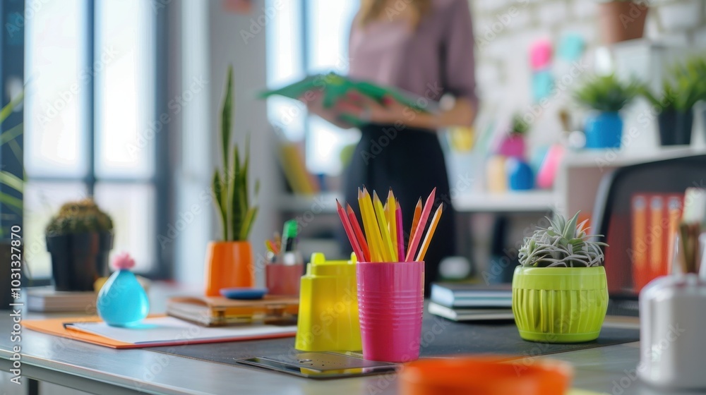 Poster an office worker stands apart from colleagues in a colorful workspace, holding documents during a bu