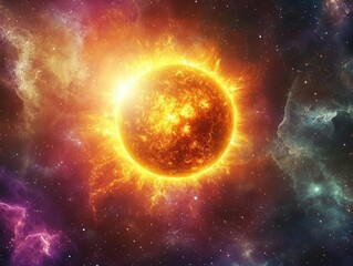 Fototapeta premium vibrant sun surrounded by the vastness of space, radiating warmth and light against a backdrop of deep cosmic colors, portraying the beauty and power of the universe