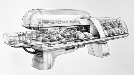 A futuristic food printer showcases eco-friendly design and sustainable materials for innovative culinary experiences