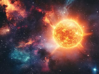 vibrant sun surrounded by the vastness of space, radiating warmth and light against a backdrop of deep cosmic colors, portraying the beauty and power of the universe