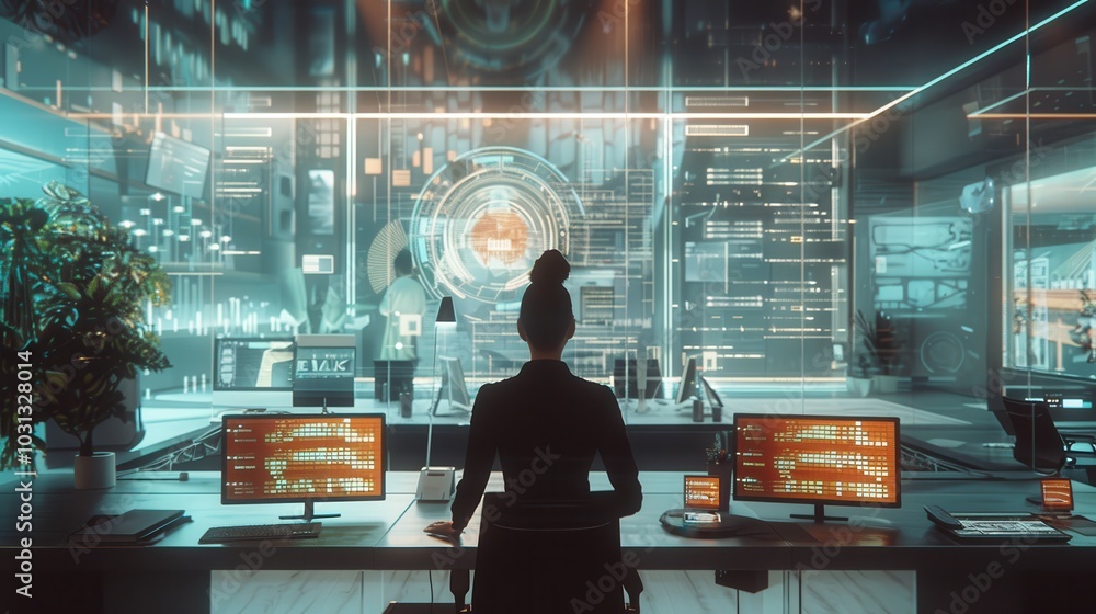 Leinwandbilder an office worker analyzes data and manages projects in a tech company's modern open-plan workspace d