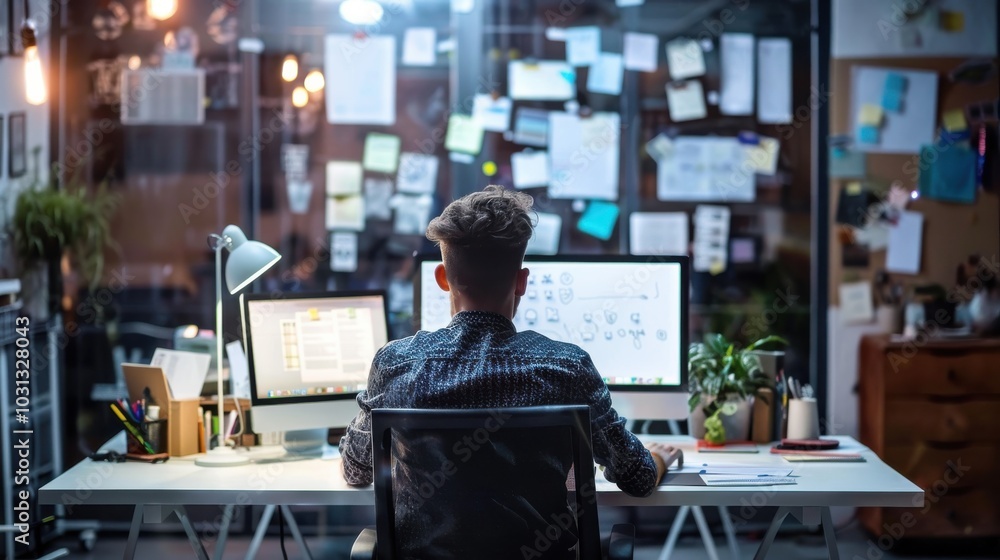 Poster Office worker focused on design tasks at a modern startup in the evening with bright screens and a creative atmosphere