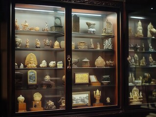 vintage display cabinet showcasing an array of collectibles, illuminated softly to highlight the intricate details and stories behind each piece, evoking nostalgia and appreciation for history
