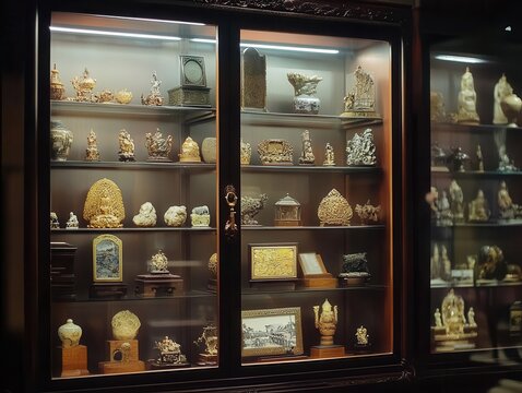 vintage display cabinet showcasing an array of collectibles, illuminated softly to highlight the intricate details and stories behind each piece, evoking nostalgia and appreciation for history