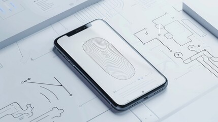 Minimalist drawing of a smartphone featuring biometric security for banking applications with a clean and secure interface design