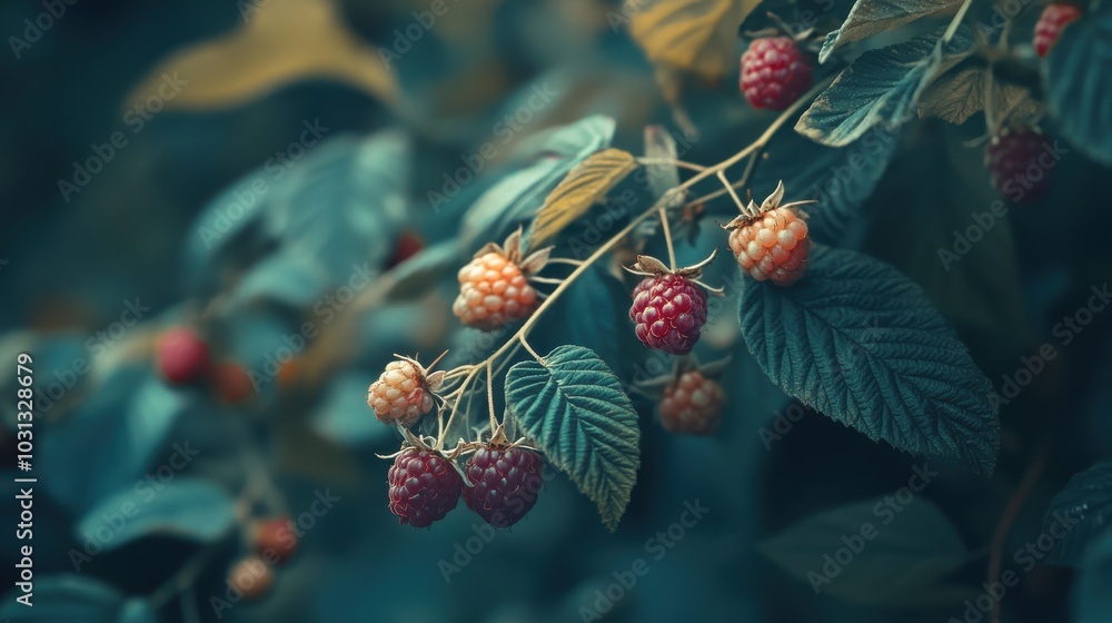 Poster macro shot capturing the contrasting colors and textures of ripe and unripe raspberries on a lush ra