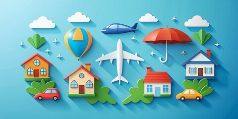 Fototapeta premium Comprehensive Set of Insurance Icons for Health, Life, Car, Home, and Travel - Aerial Vector Illustration