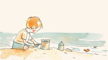 A child joyfully building a sandcastle at the beach during a sunny summer day, creating memories of fun and creativity