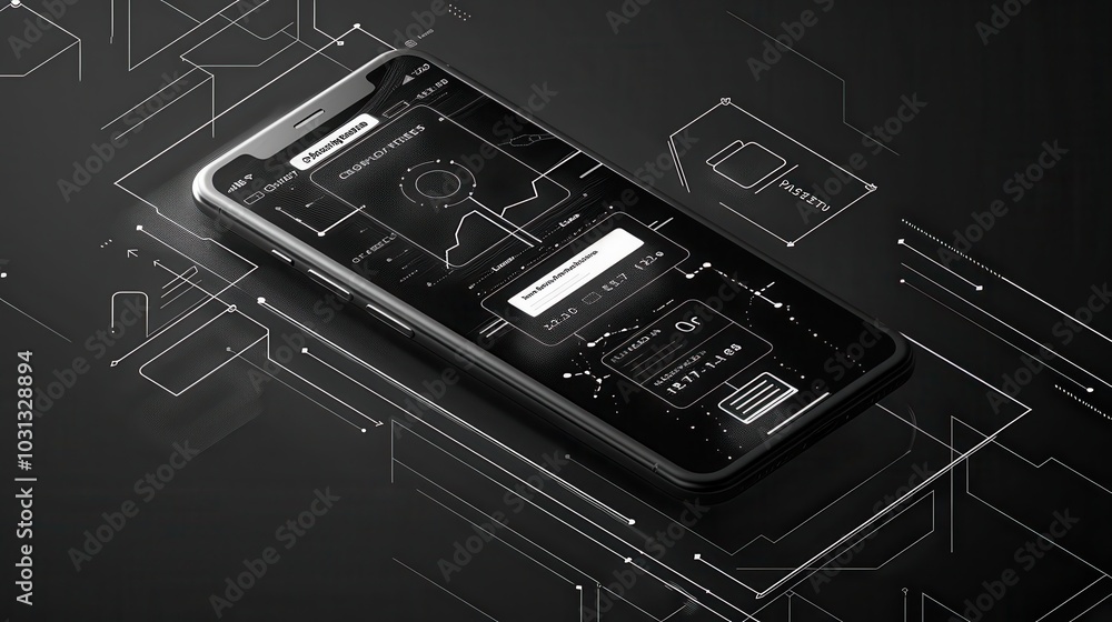 Poster Minimalistic line art of a smartphone displaying a secure payment app with a sleek design and user-friendly interface