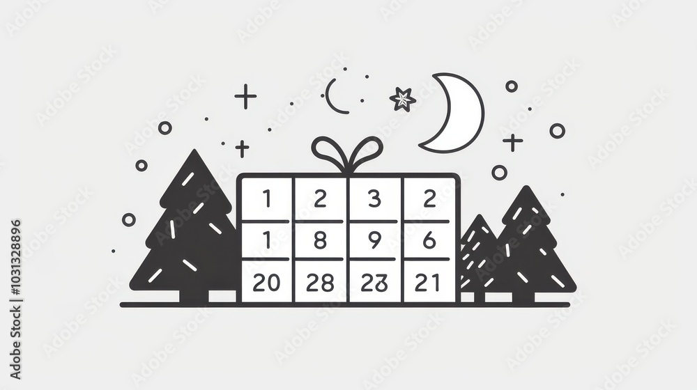 Aufkleber Minimalistic line art advent calendar for holiday countdown with decorative trees and stars