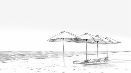 Delicate line art of beach umbrellas on a sunny day creates a serene summer holiday atmosphere by the sea