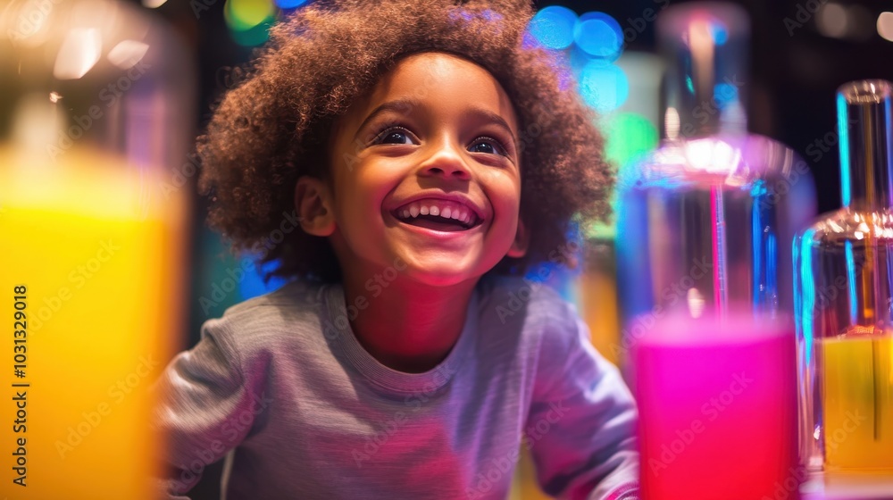 Aufkleber a young child is smiling and looking at a table full of colorful bottles