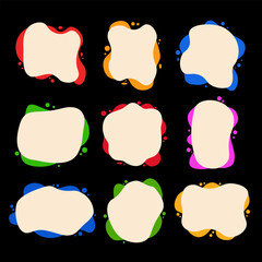 Blob text box vector set.  Irregular fluid bubbles. Empty text box. Vector illustration isolated on black background.