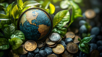 Globe surrounded by coins and plants, symbolizing sustainability.
