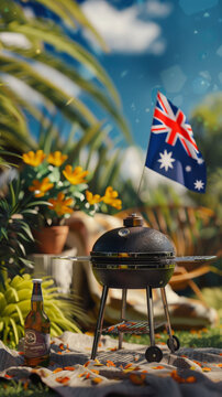 Australia day celebration with barbecue and flag in lush garden setting