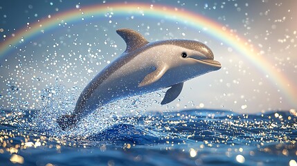 Fototapeta premium Dolphin Jumping Through Rainbow with Water Splashes and Bokeh