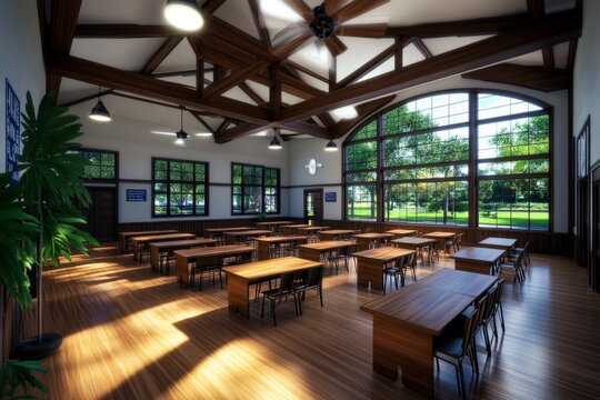 3D-rendered schoolhouse interior, with perfectly modeled wooden desks and chairs