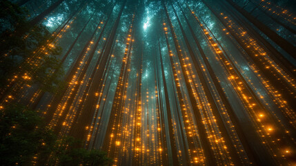 An atmospheric forest illuminated by soft, glowing orange lights amidst towering trees.