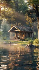 A tranquil morning at a lakeside cabin surrounded by nature's beauty and serenity