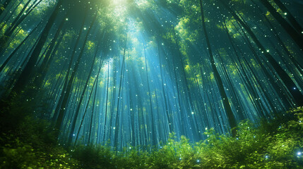 A vibrant forest scene with sunbeams piercing through trees and glowing particles floating in the air.