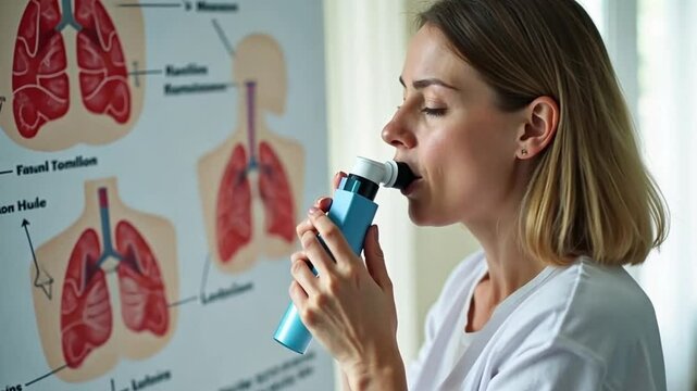 asthma management, showing an individual using an inhaler in a real-life scenario, with added educational elements such as a diagram of inflamed airways.