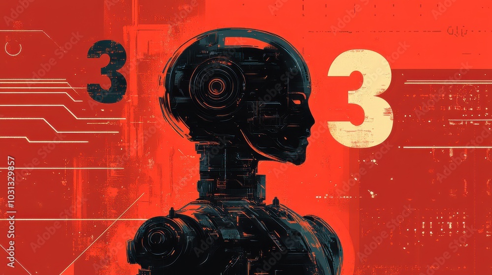 Poster a robot with a face and the number 3 on it