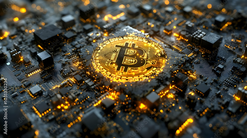 Poster a digital representation of bitcoin on a circuit board.