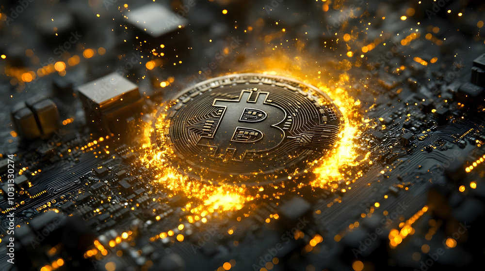 Poster a digital representation of bitcoin surrounded by glowing circuitry.