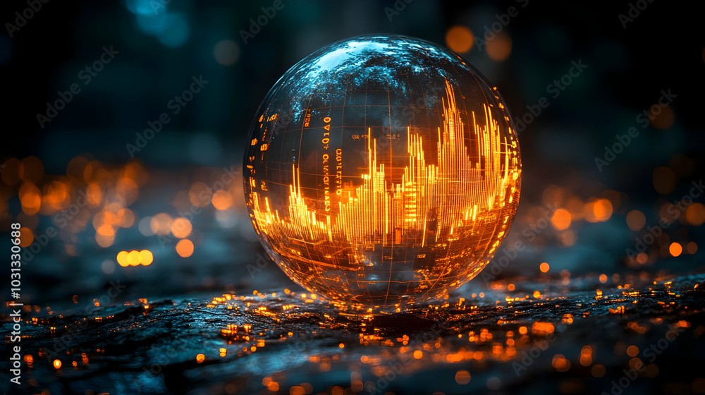 Aufkleber a glowing orb with data visualization in a dark, mystical setting.