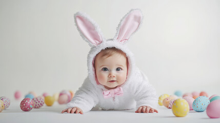 Playful baby in bunny costume crawling amid colorful easter eggs - adorable studio portrait for easter celebration