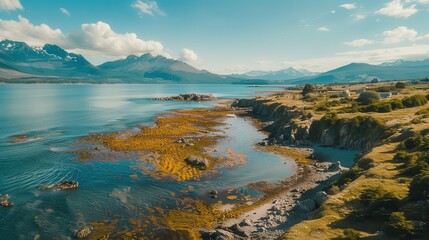 Stunning drone view of Ushuaia's picturesque coastline with mountains and serene waters under a bright blue sky