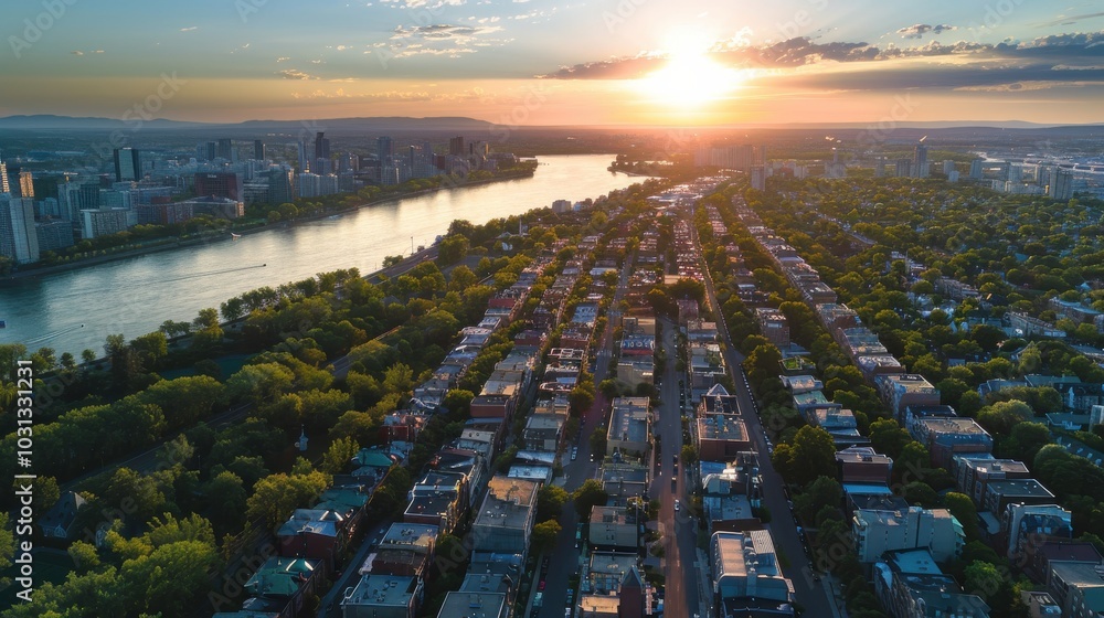 Poster a city with a river running through it and a beautiful sunset in the background. the sky is filled w