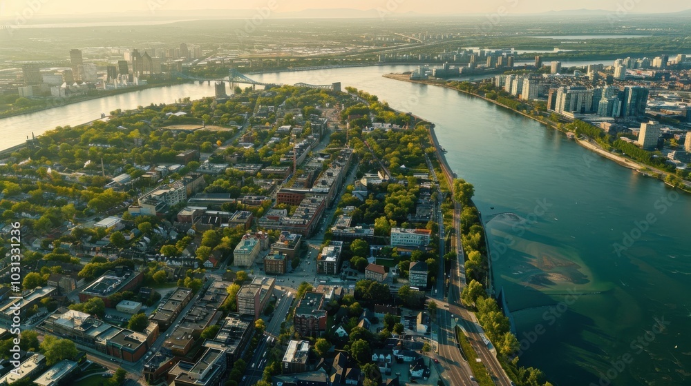 Aufkleber a city view with a river running through it. the city is full of buildings and trees. the sky is a m