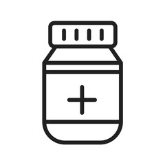 Simple black and white line art icon of a pill bottle with a cross symbol.