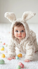 Fototapeta premium Adorable baby in bunny costume crawling among easter eggs in playful studio setting