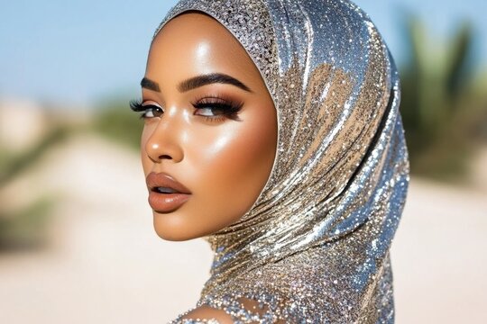 Arab bride in an embellished hijab, sparkling with silver and gold accents