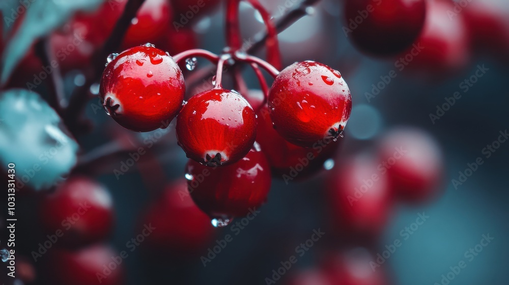 Poster a close up of a bunch of red berries with raindrops on them
