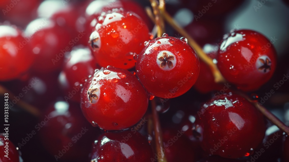 Poster a close up of red berries with water droplets on them