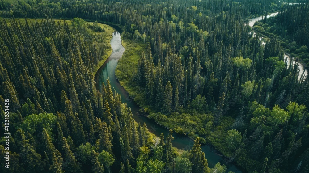 Poster A river runs through a forest with trees on both sides. The water is clear and calm. The scene is peaceful and serene