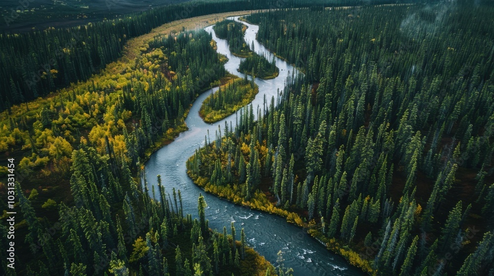 Poster a river with trees on both sides. the trees are green and the water is blue. the image has a peacefu