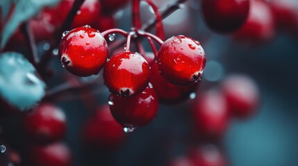 A close up of a bunch of red berries with raindrops on them