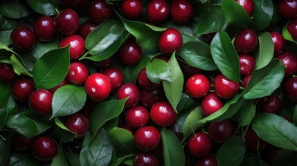 Obraz premium A close up of red cherries with green leaves