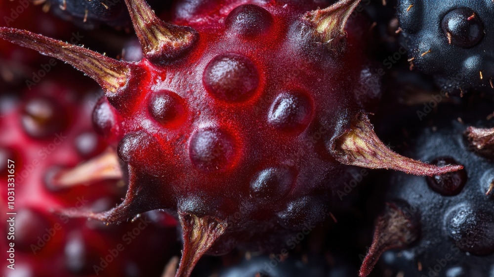 Poster a close up of a red fruit with many small black dots