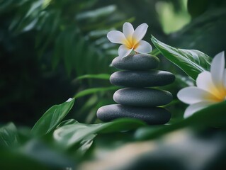 Fototapeta premium zen garden imagery featuring meticulously balanced pebble stones surrounded by lush green leaves and delicate flowers, set against a tranquil tropical forest backdrop, evoking peace and mindfulness